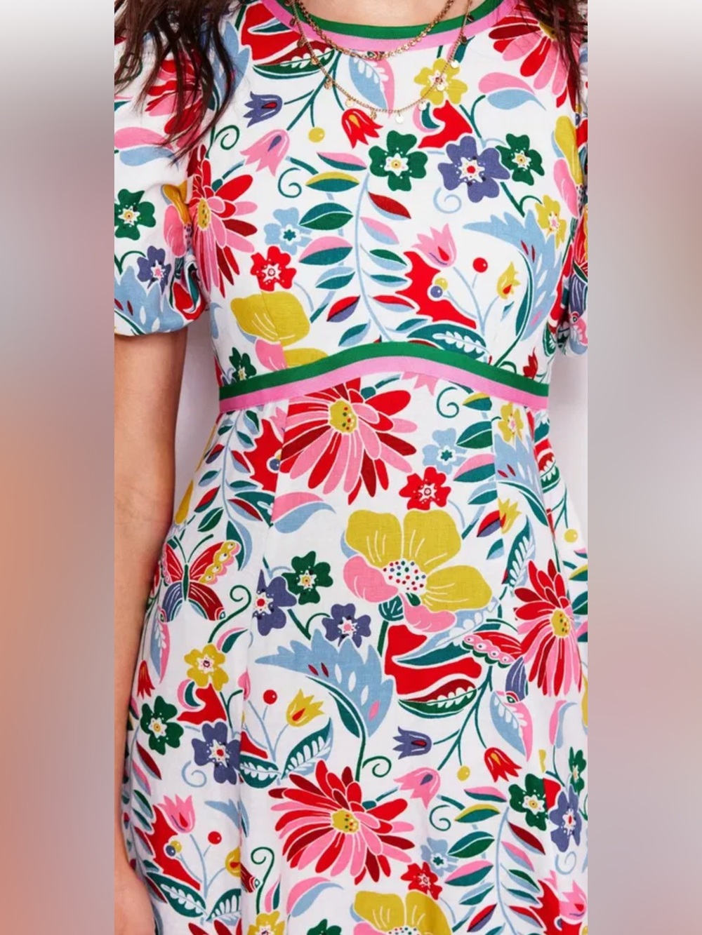 Boden Floral Puff-Sleeve Midi Dress in White with Red, Yellow & Blue - Picture 6 of 7